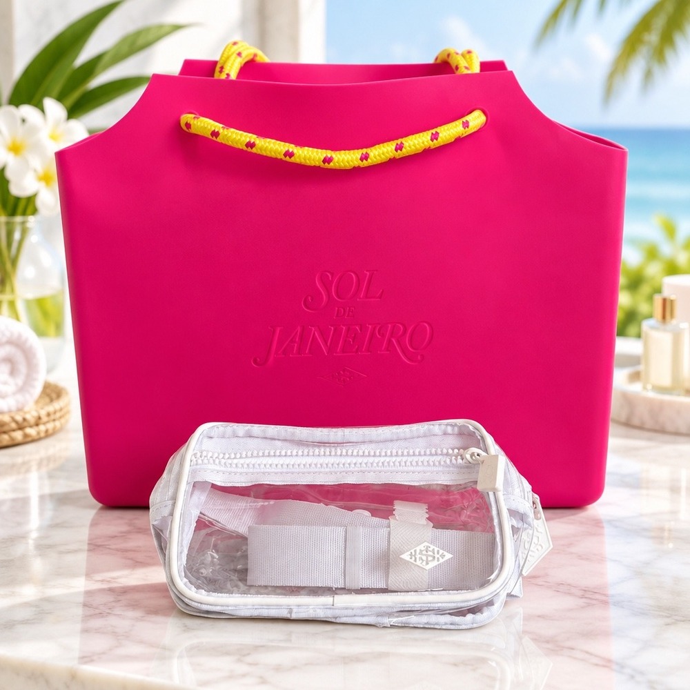 Sol de Janeiro Pink Rubber Beach Tote Bag & Clear Crossbody Belt Bag Set Travel